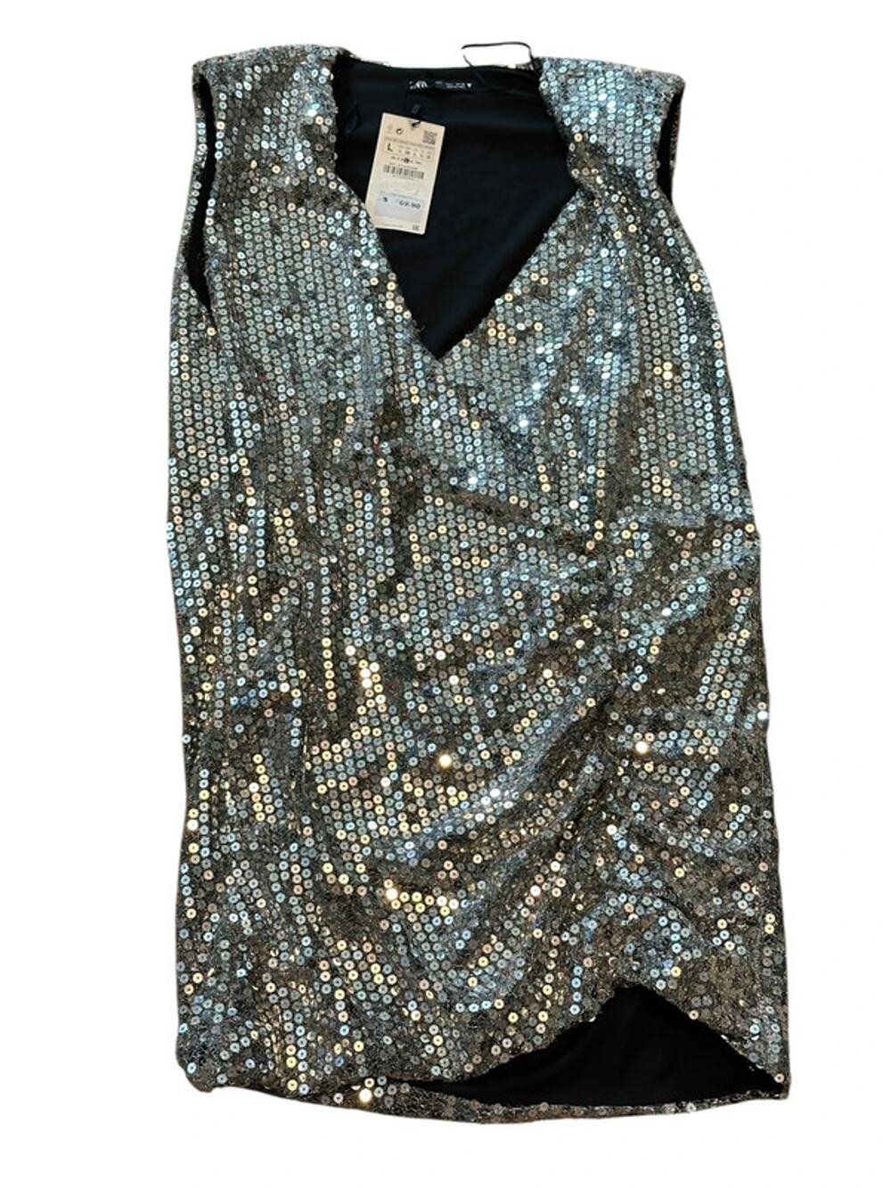 Zara Women's Silver Sequin Draped Surplice Mini Dress - Size L - NWT